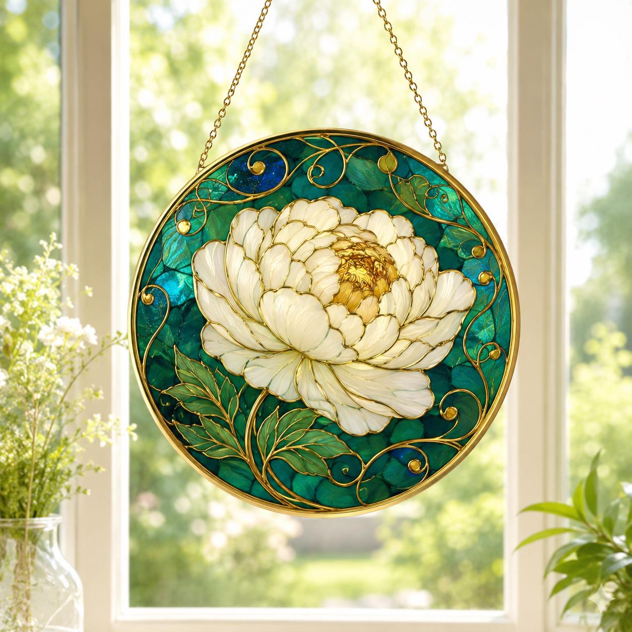 Peony Stained Glass Suncatcher – Art Nouveau Floral Window Hanging – Luxury Home Decor - product image 3