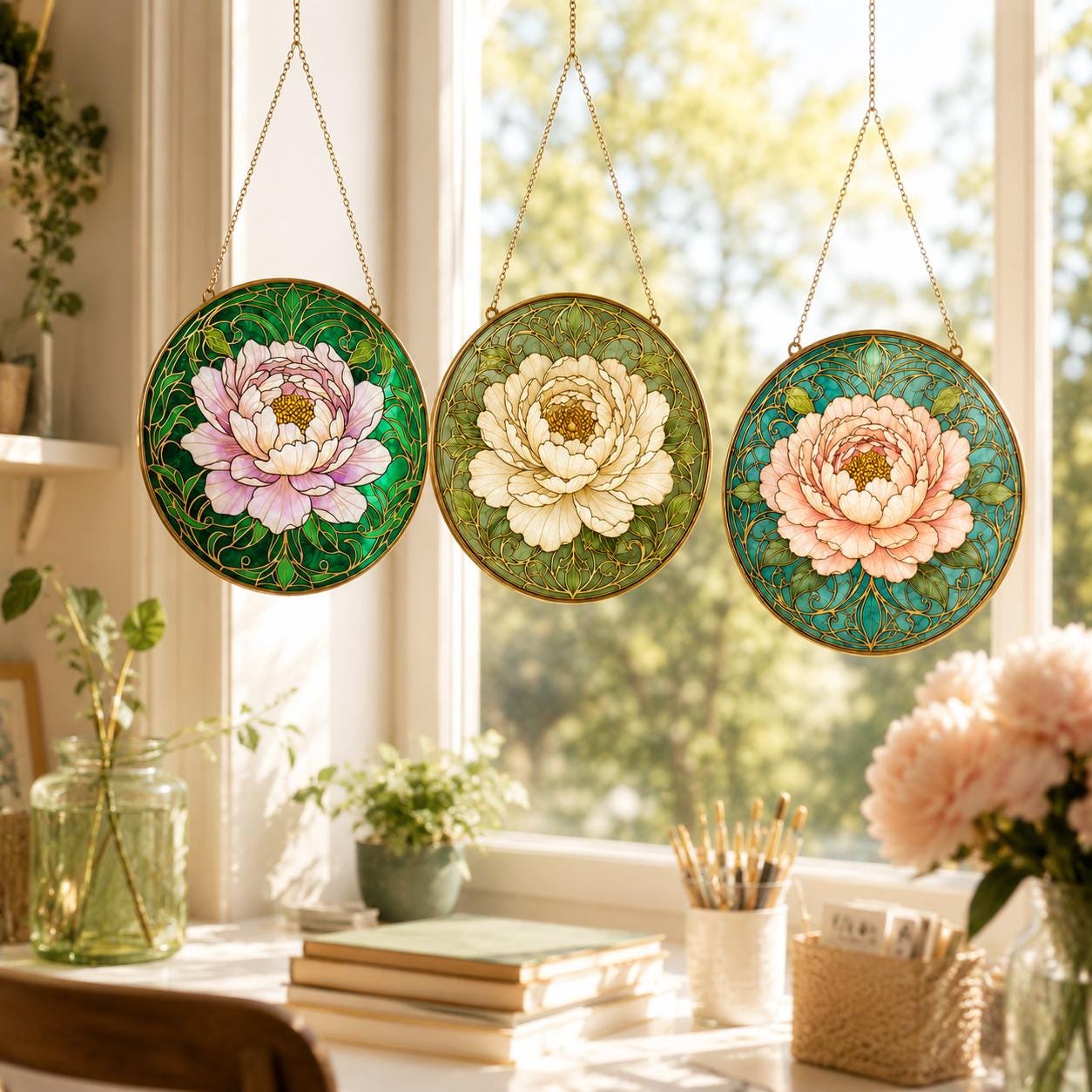 Peony Stained Glass Suncatcher – Art Nouveau Floral Window Hanging Home Decor - product image 6