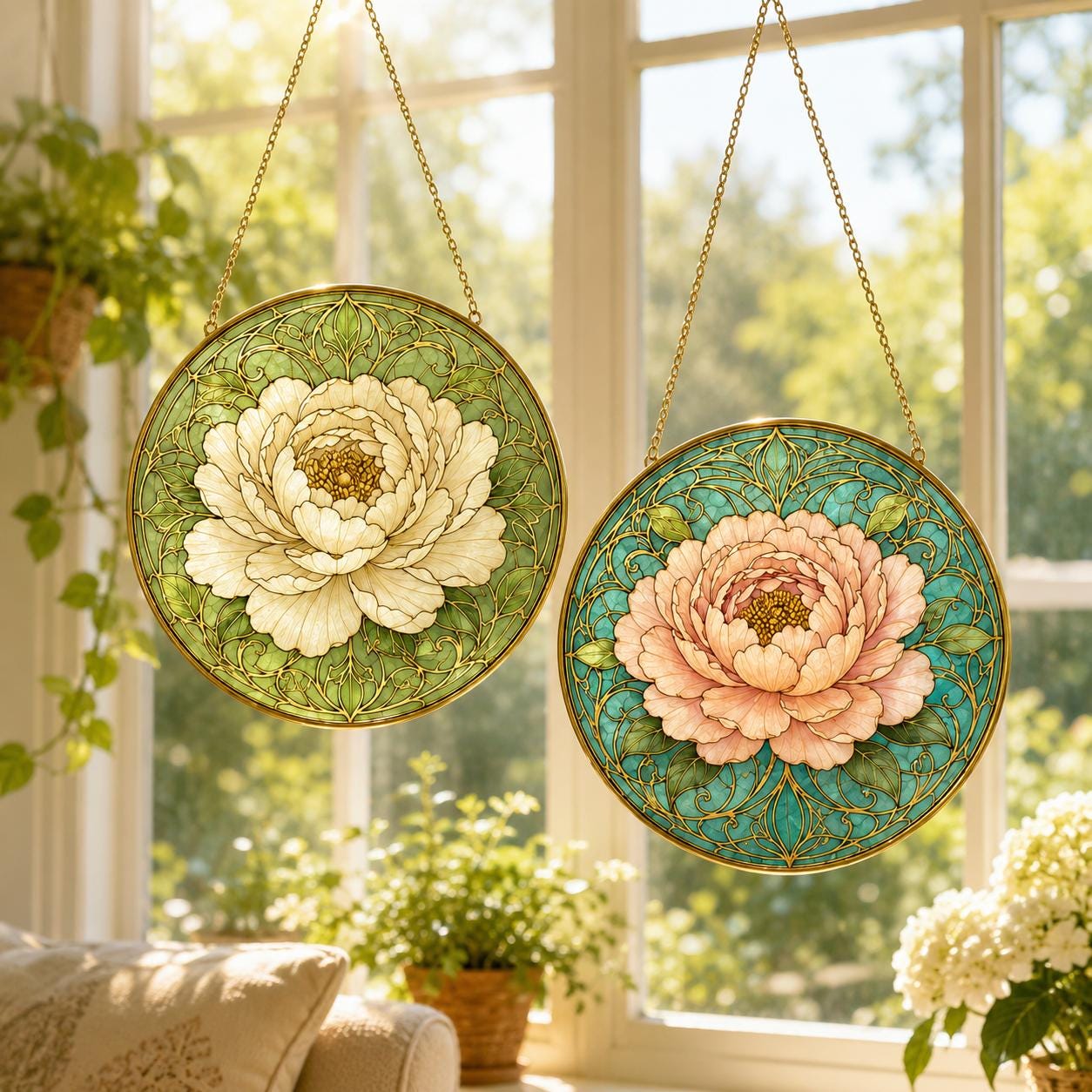 Peony Stained Glass Suncatcher – Art Nouveau Floral Window Hanging Home Decor - product image 9