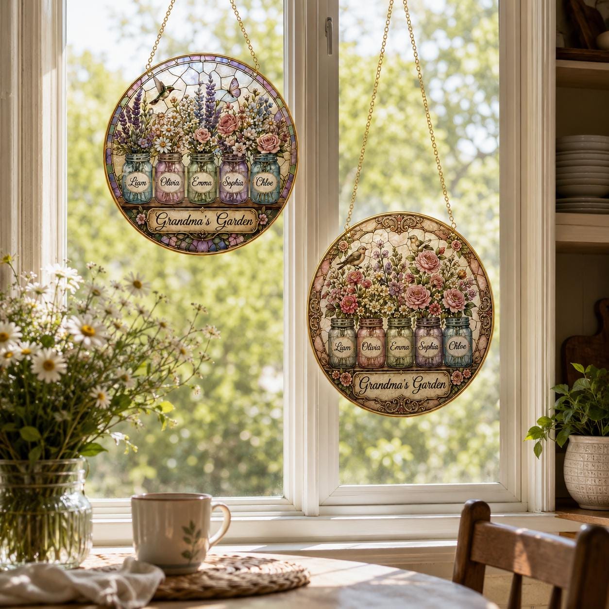Personalized Grandma’s Garden Stained Glass Suncatcher, Custom Grandkids Names Birth Flower Window - product image 5