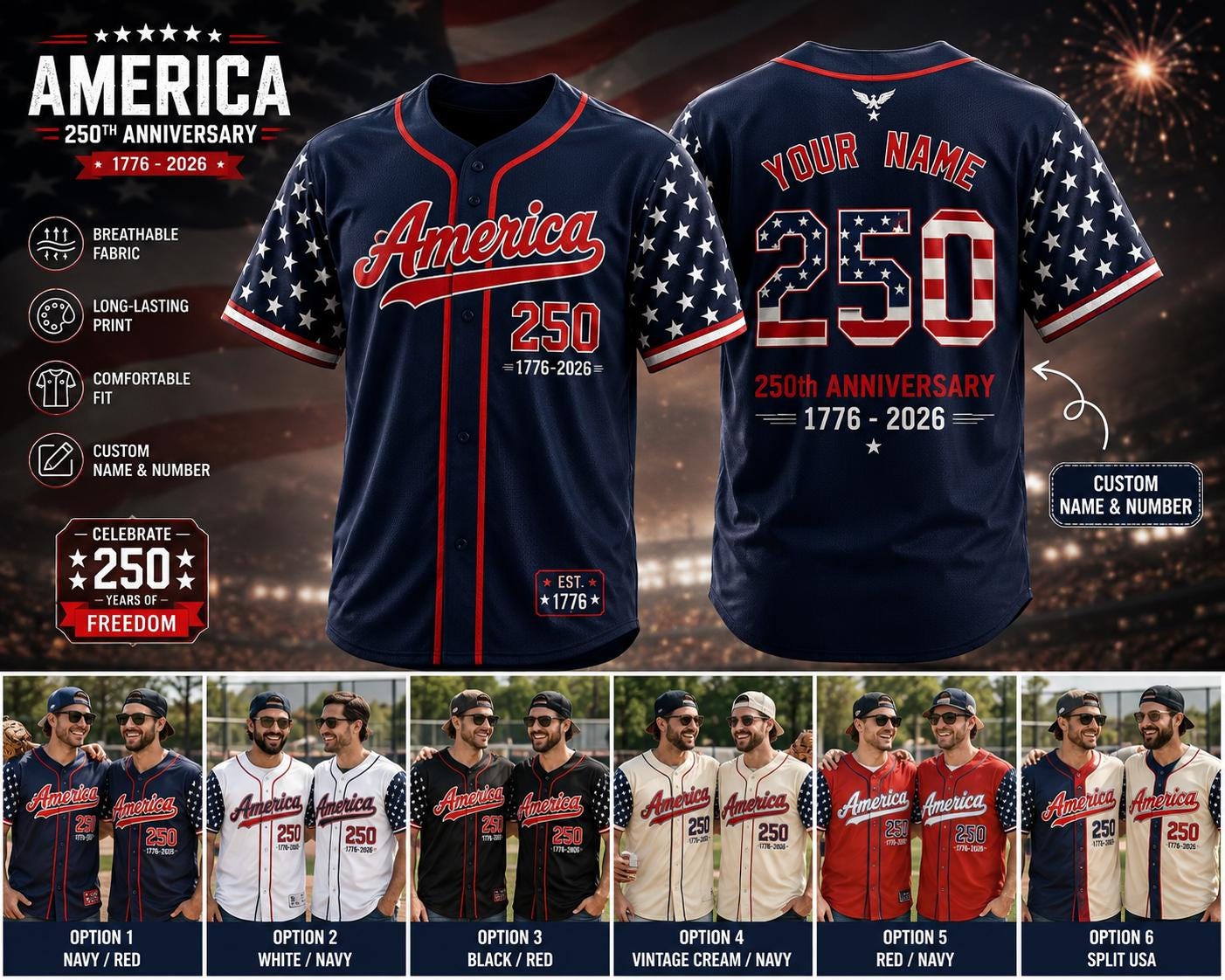 America Anniversary Baseball Jersey, Custom Patriotic USA Game Day Shirt - product image 2