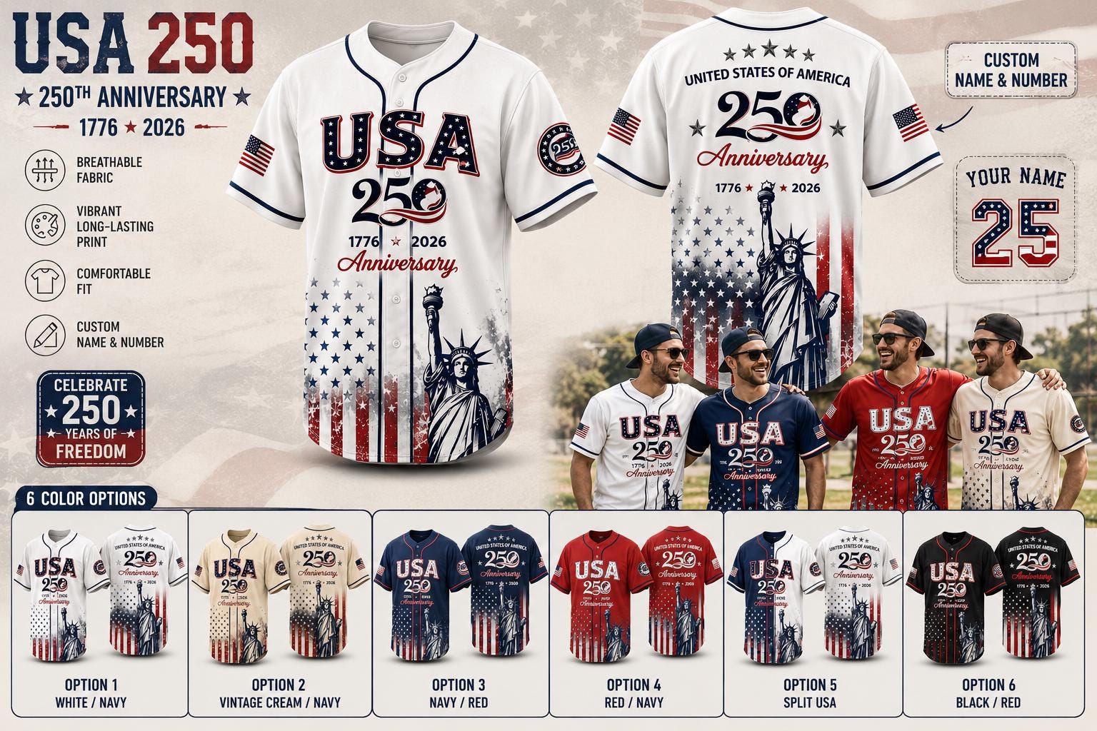 USA 250th Anniversary Baseball Jersey, Patriotic USA Game Day Outfit - product image 2