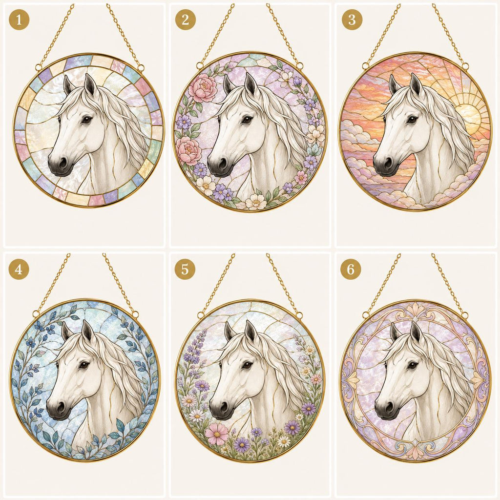 Custom Horse Portrait Stained Glass Suncatcher, Personalized Horse Photo Window Hanging, Golden Frame - product image 2