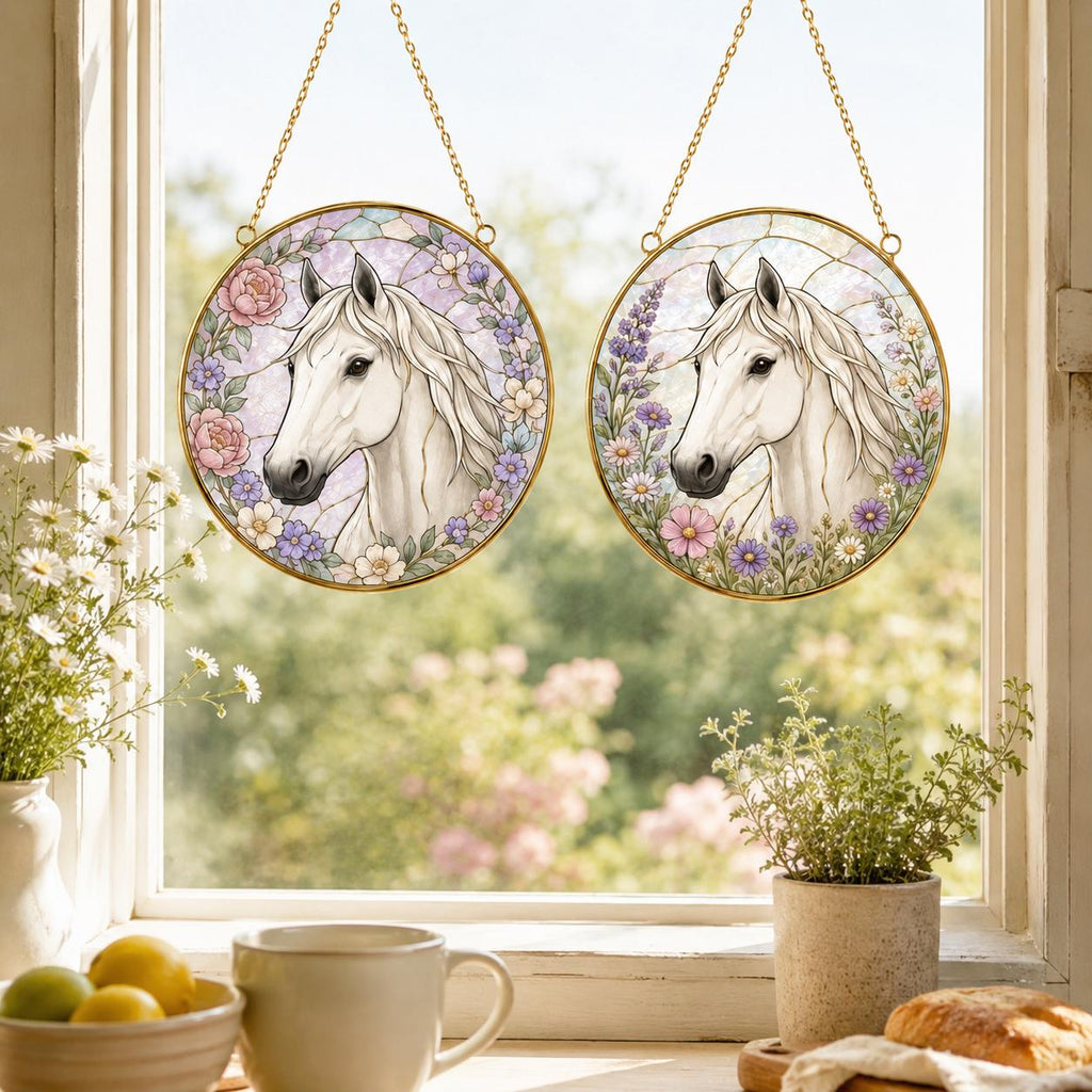Custom Horse Portrait Stained Glass Suncatcher, Personalized Horse Photo Window Hanging, Golden Frame - product image 7