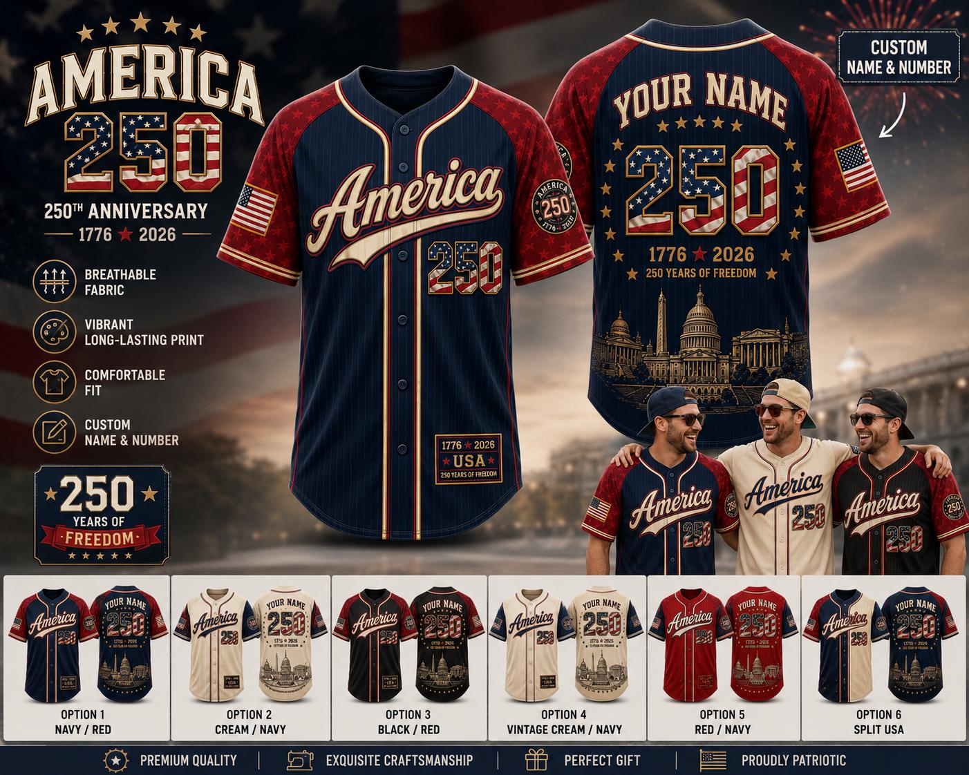 Custom Patriotic Baseball Jersey, USA 250th Anniversary Game Day Shirt - product image 2