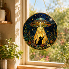UFO Cat Stained Glass Suncatcher, Alien Cat Window Hanging Decor, Golden Frame Funny Cat Lover – product photo 4