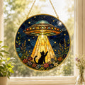 UFO Cat Stained Glass Suncatcher, Alien Cat Window Hanging Decor, Golden Frame Funny Cat Lover Gift - product image 1