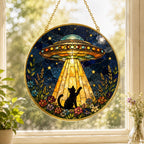 UFO Cat Stained Glass Suncatcher, Alien Cat Window Hanging Decor, Golden Frame Funny Cat Lover – main product view