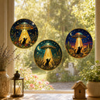 UFO Cat Stained Glass Suncatcher, Alien Cat Window Hanging Decor, Golden Frame Funny Cat Lover – product photo 6