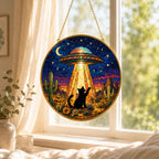 UFO Cat Stained Glass Suncatcher, Alien Cat Window Hanging Decor, Golden Frame Funny Cat Lover – product photo 8
