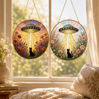 UFO Cat Stained Glass Suncatcher, Alien Cat Window Hanging Decor, Golden Frame Space Cat Lover – product photo 4
