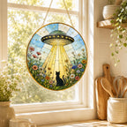 UFO Cat Stained Glass Suncatcher, Alien Cat Window Hanging Decor, Golden Frame Space Cat Lover – product photo 5