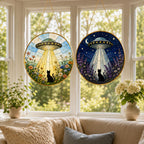 UFO Cat Stained Glass Suncatcher, Alien Cat Window Hanging Decor, Golden Frame Space Cat Lover – product photo 10