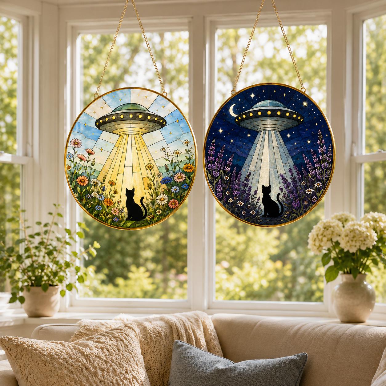 UFO Cat Stained Glass Suncatcher, Alien Cat Window Hanging Decor, Golden Frame Space Cat Lover Gift - product image 10