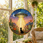 UFO Cat Stained Glass Suncatcher, Alien Cat Window Hanging Decor, Golden Frame Space Cat Lover – main product view