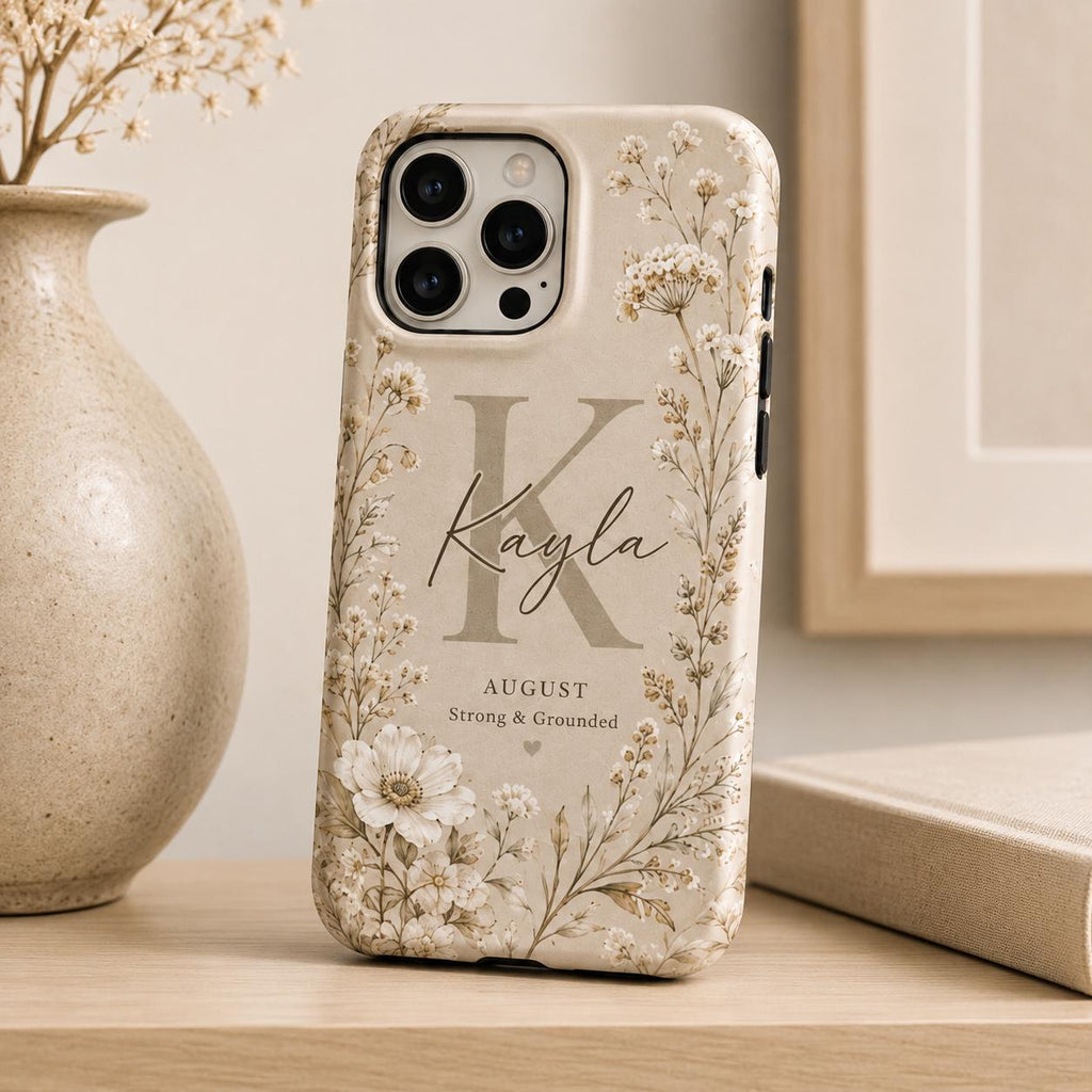 Birth Flower Phone Case, Personalized Initial Name Case, Custom Floral Month Gift For Her
