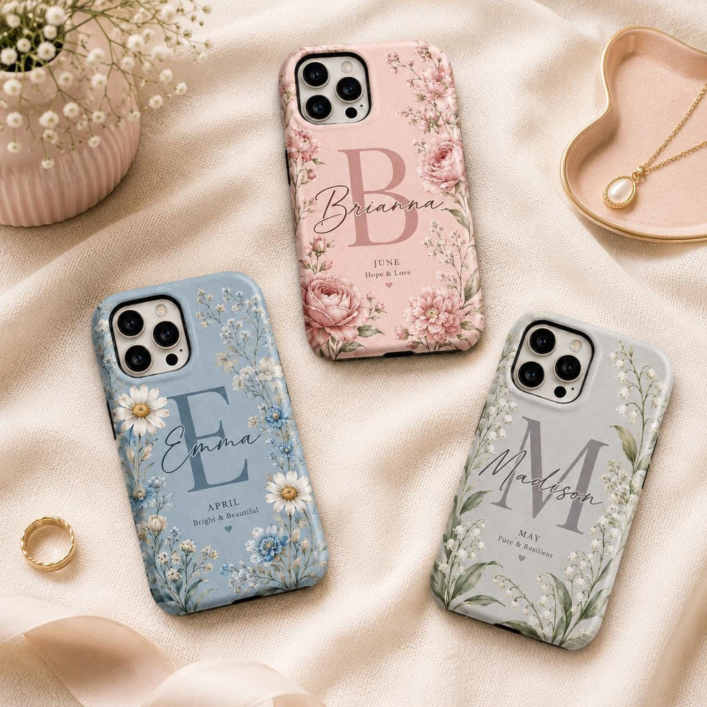 Birth Flower Phone Case, Personalized Initial Name Case, Custom Floral Month Gift For Her