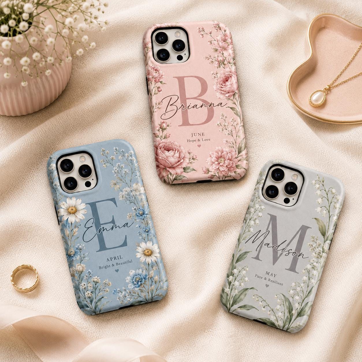 Birth Flower Phone Case, Personalized Initial Name Case, Custom Floral Month Gift For Her