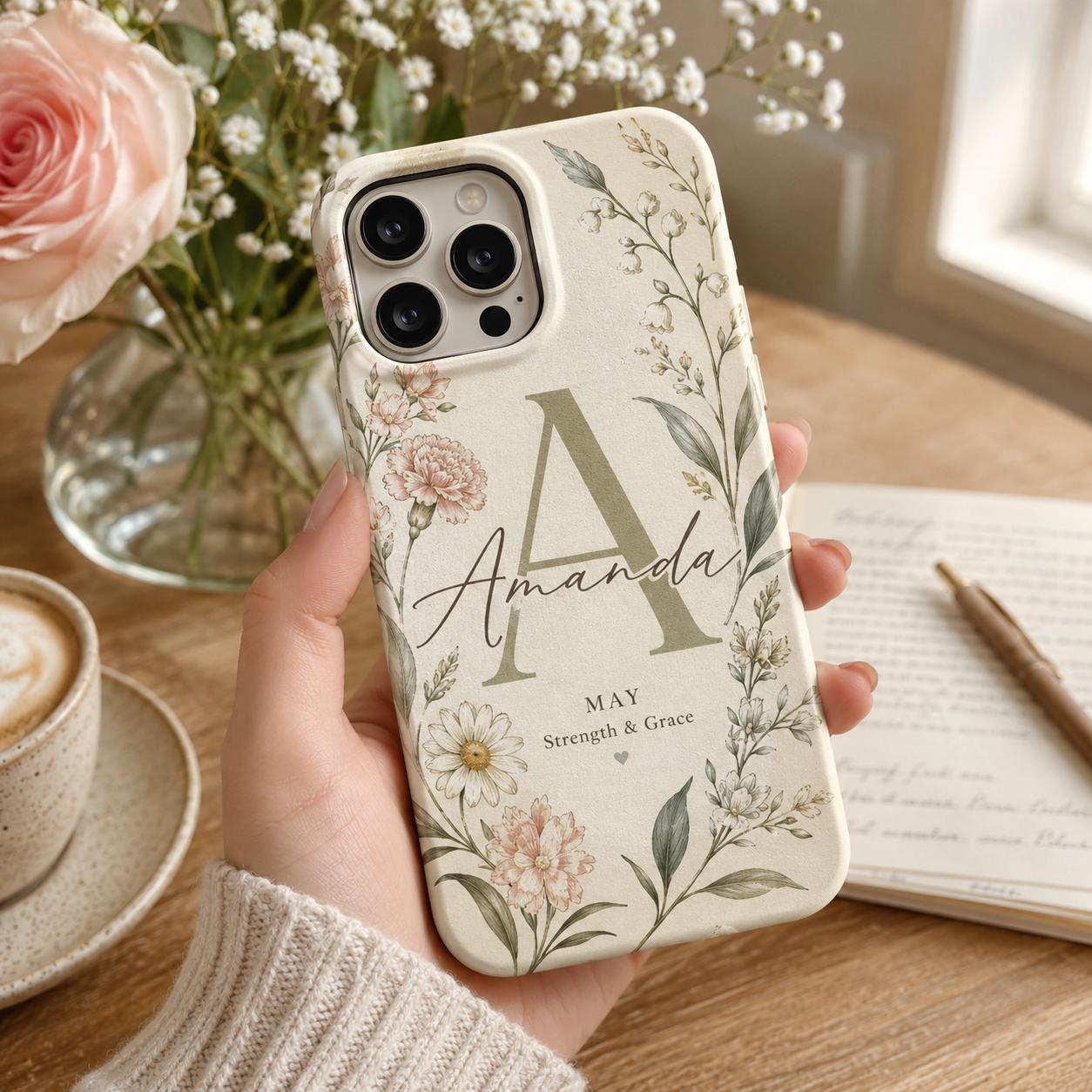 Birth Flower Phone Case, Personalized Initial Name Case, Custom Floral Month Gift For Her