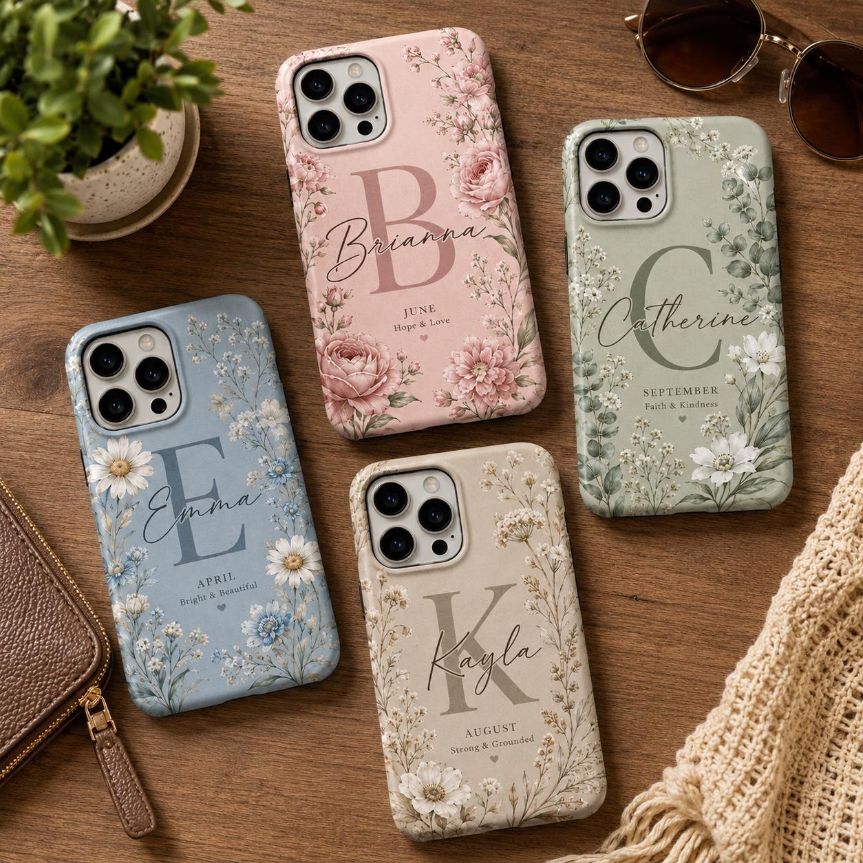 Birth Flower Phone Case, Personalized Initial Name Case, Custom Floral Month Gift For Her