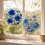 Blue Floral Stained Glass Suncatcher, Golden Frame Flower Window Hanging Decor – product photo 8