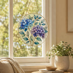 Blue Floral Stained Glass Suncatcher, Golden Frame Botanical Window Hanging Decor – product photo 4