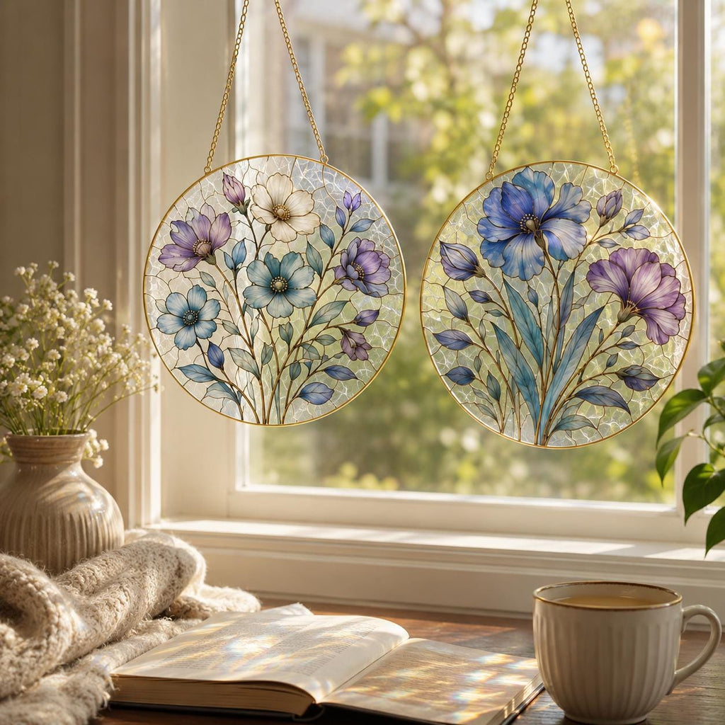 Blue Floral Stained Glass Suncatcher, Golden Frame Botanical Window Hanging Decor, Elegant Flower Gift for - product image 9