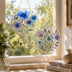 Blue Floral Stained Glass Suncatcher, Golden Frame Botanical Window Hanging Decor – product photo 6