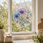 Blue Floral Stained Glass Suncatcher, Golden Frame Botanical Window Hanging Decor – product photo 5