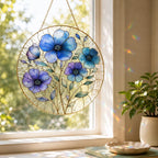Blue Floral Stained Glass Suncatcher, Golden Frame Botanical Window Hanging Decor – product photo 7
