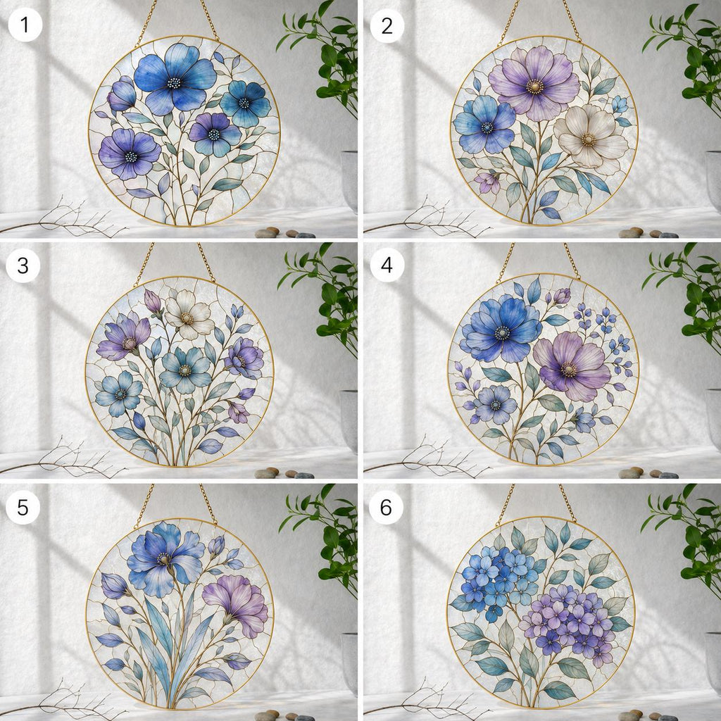 Blue Floral Stained Glass Suncatcher, Golden Frame Botanical Window Hanging Decor, Elegant Flower Gift for - product image 2