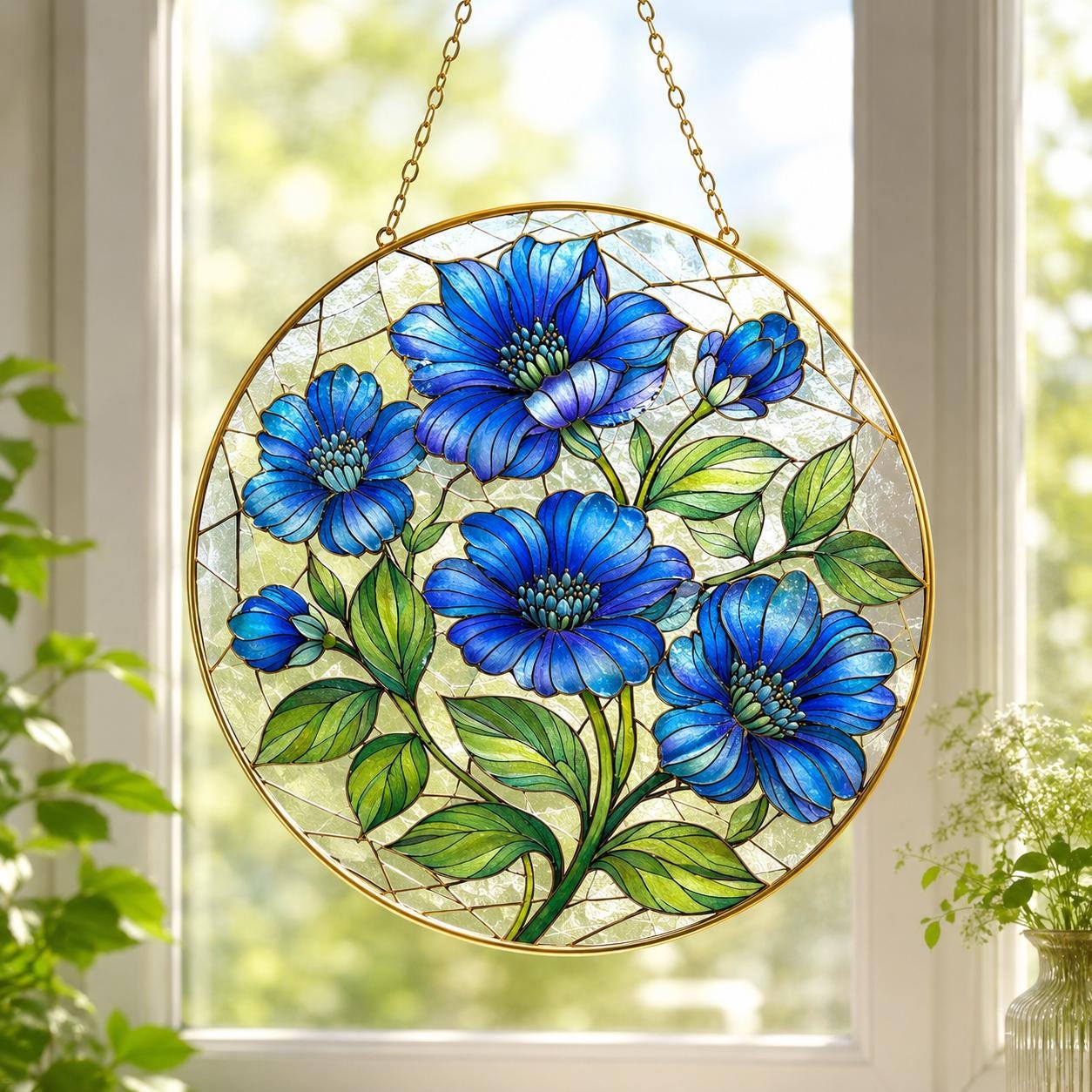 Colorado Blue Columbine Stained Glass Suncatcher, Golden Frame Floral Window Hanging Decor, Blue Flower - product image 1