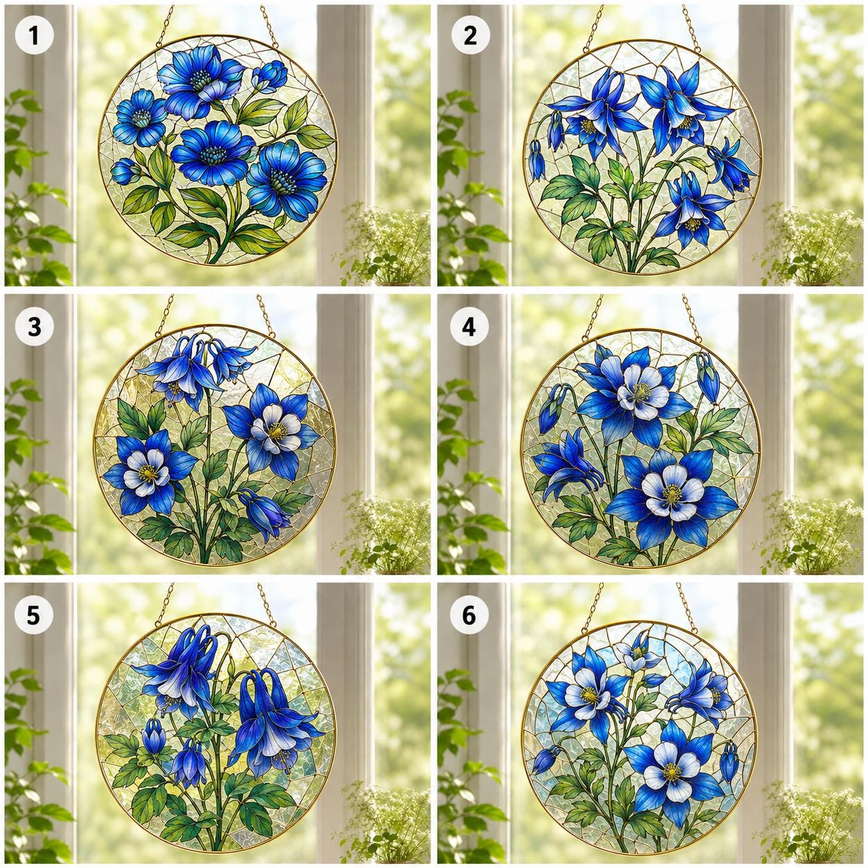 Colorado Blue Columbine Stained Glass Suncatcher, Golden Frame Floral Window Hanging Decor, Blue Flower - product image 2