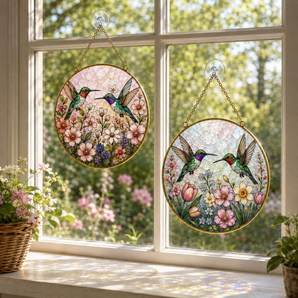 Hummingbird Stained Glass Suncatcher, Golden Frame Floral Window Hanging Decor, Lavender Garden Gift for - product image 7