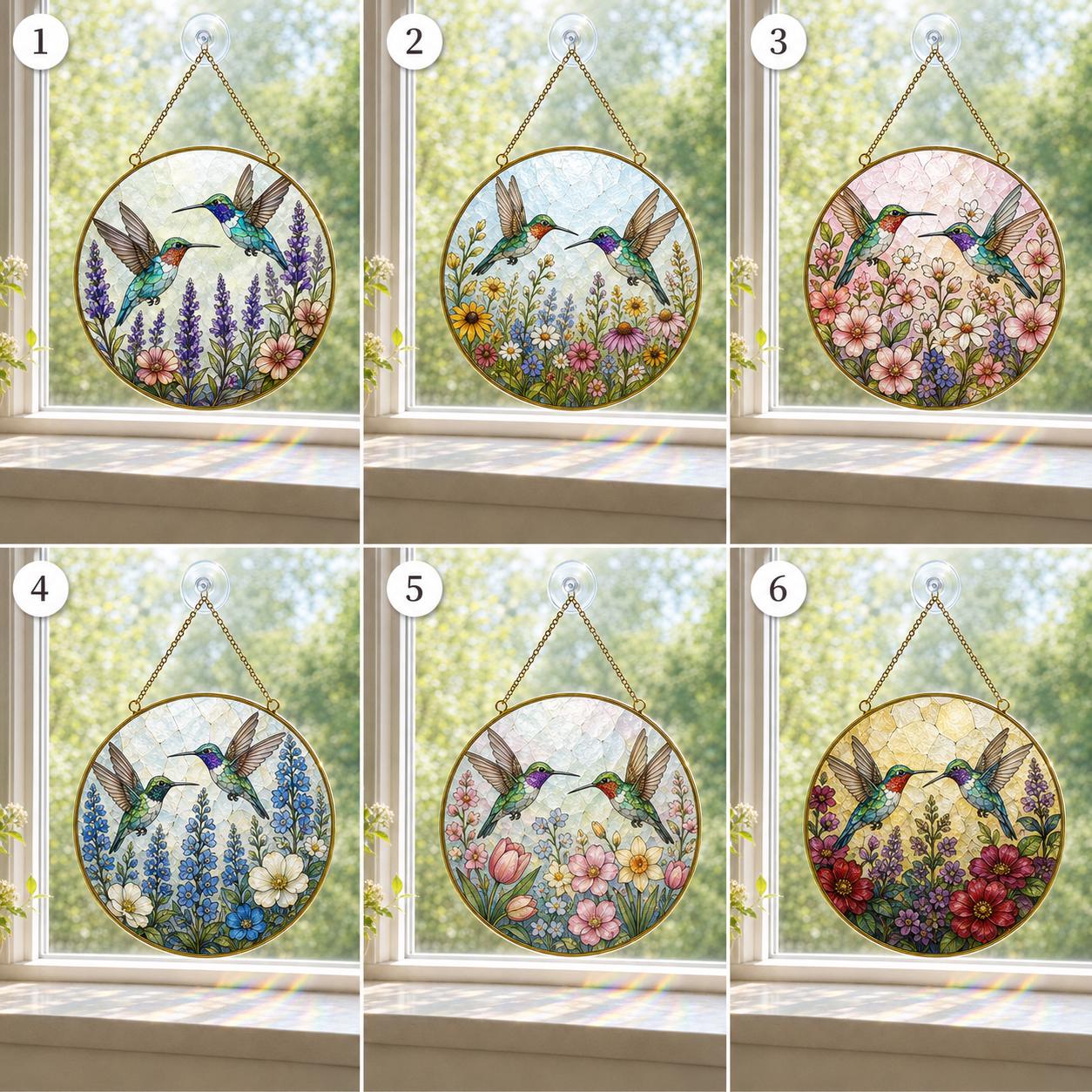 Hummingbird Stained Glass Suncatcher, Golden Frame Floral Window Hanging Decor, Lavender Garden Gift for - product image 2