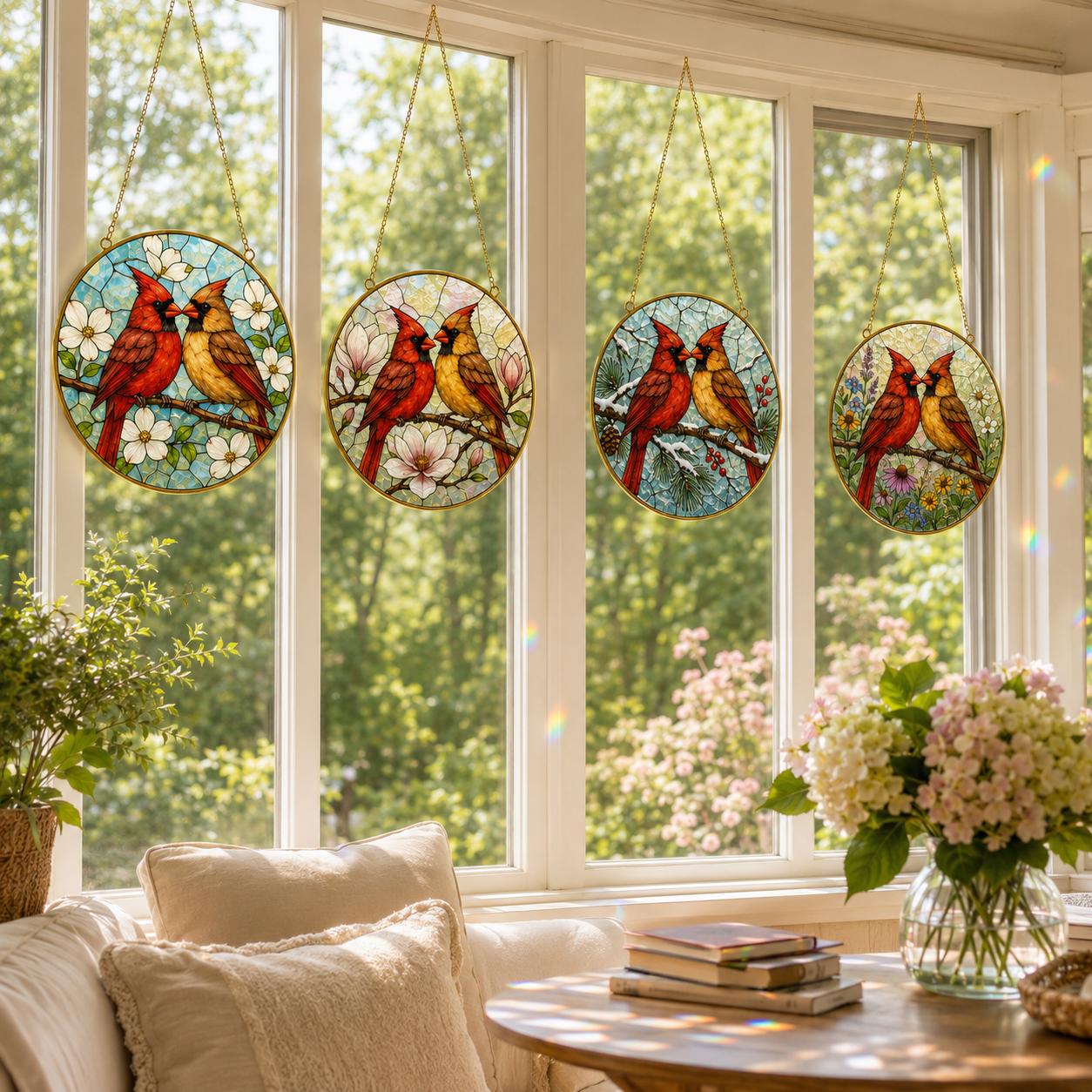 Cardinal Couple Stained Glass Suncatcher, Golden Frame Bird Window Hanging Decor, Memorial Gift for - product image 4