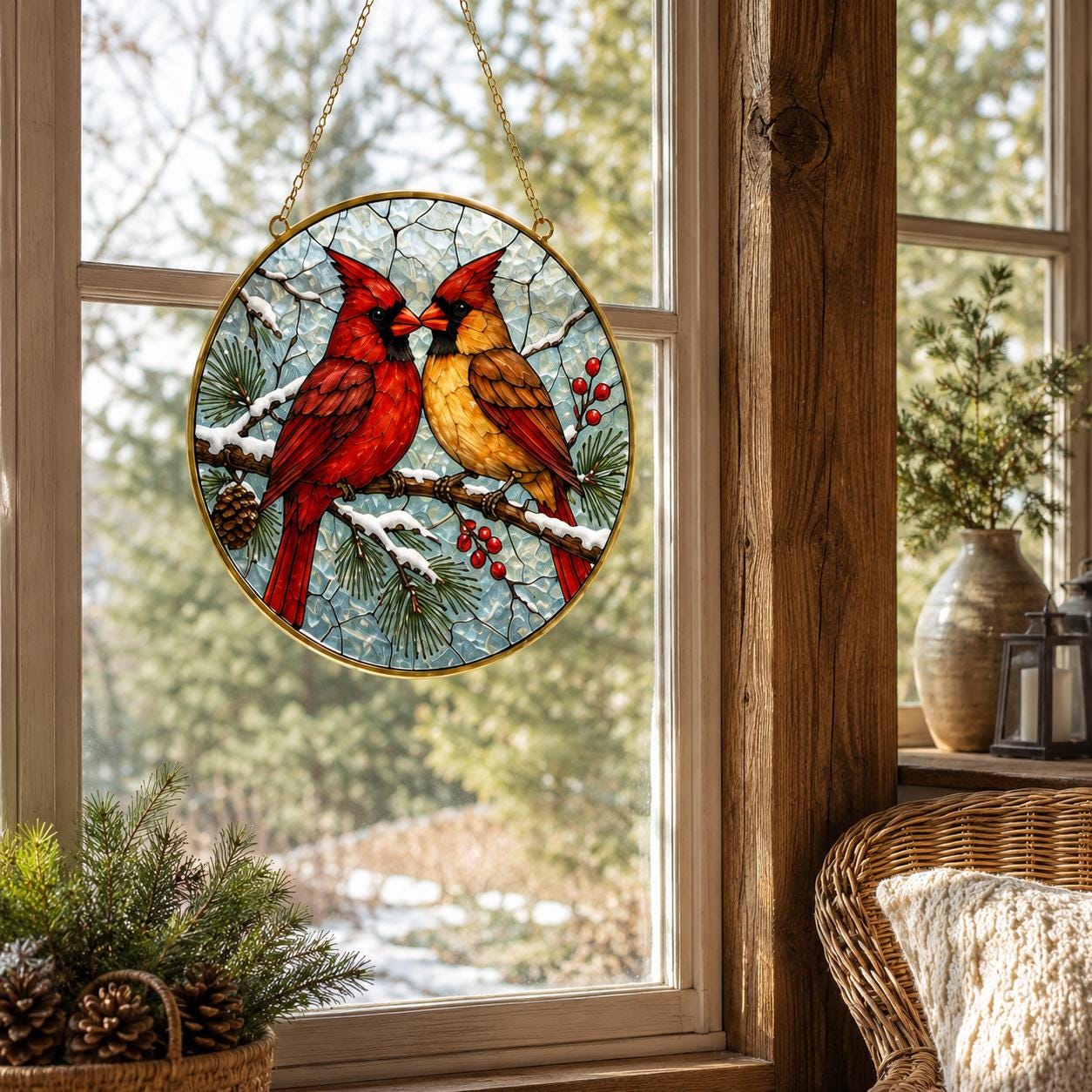 Cardinal Couple Stained Glass Suncatcher, Golden Frame Bird Window Hanging Decor, Memorial Gift for - product image 7