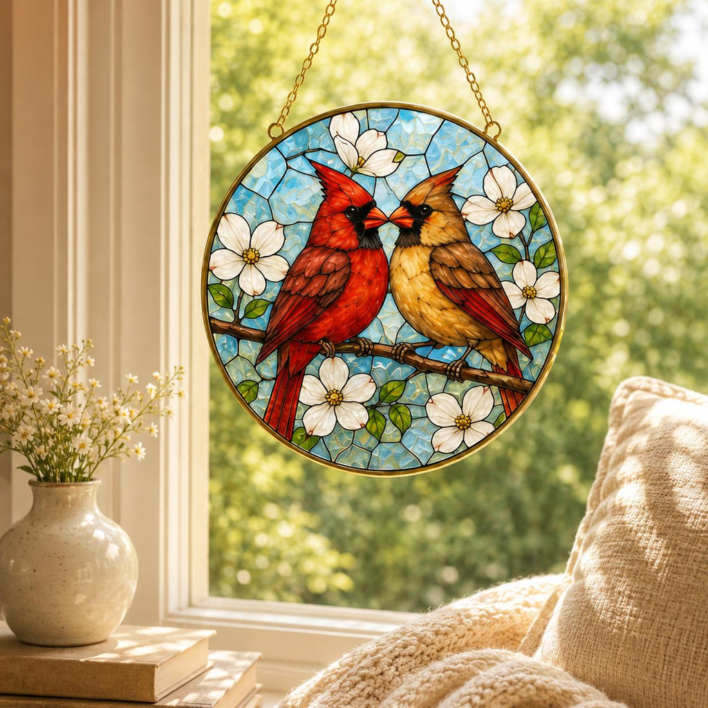 Cardinal Couple Stained Glass Suncatcher, Golden Frame Bird Window Hanging Decor, Memorial Gift for - product image 1