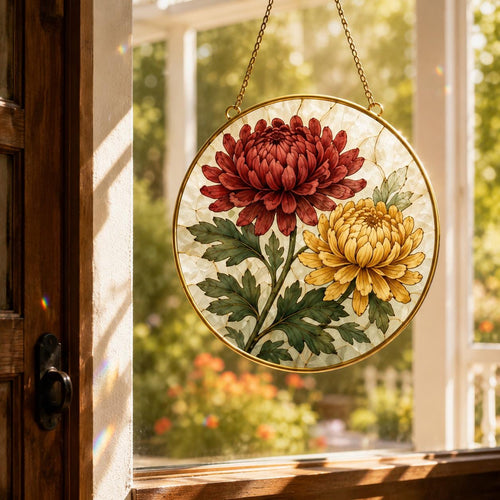 Birth Month Flower Stained Glass Suncatcher, Golden Frame Floral Window Hanging Decor, Personalized - product image 1