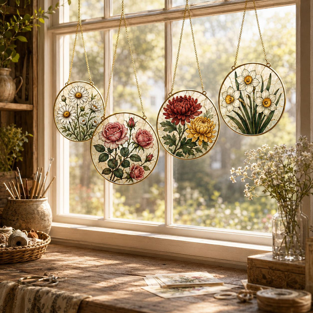 Birth Month Flower Stained Glass Suncatcher, Golden Frame Floral Window Hanging Decor, Personalized - product image 7
