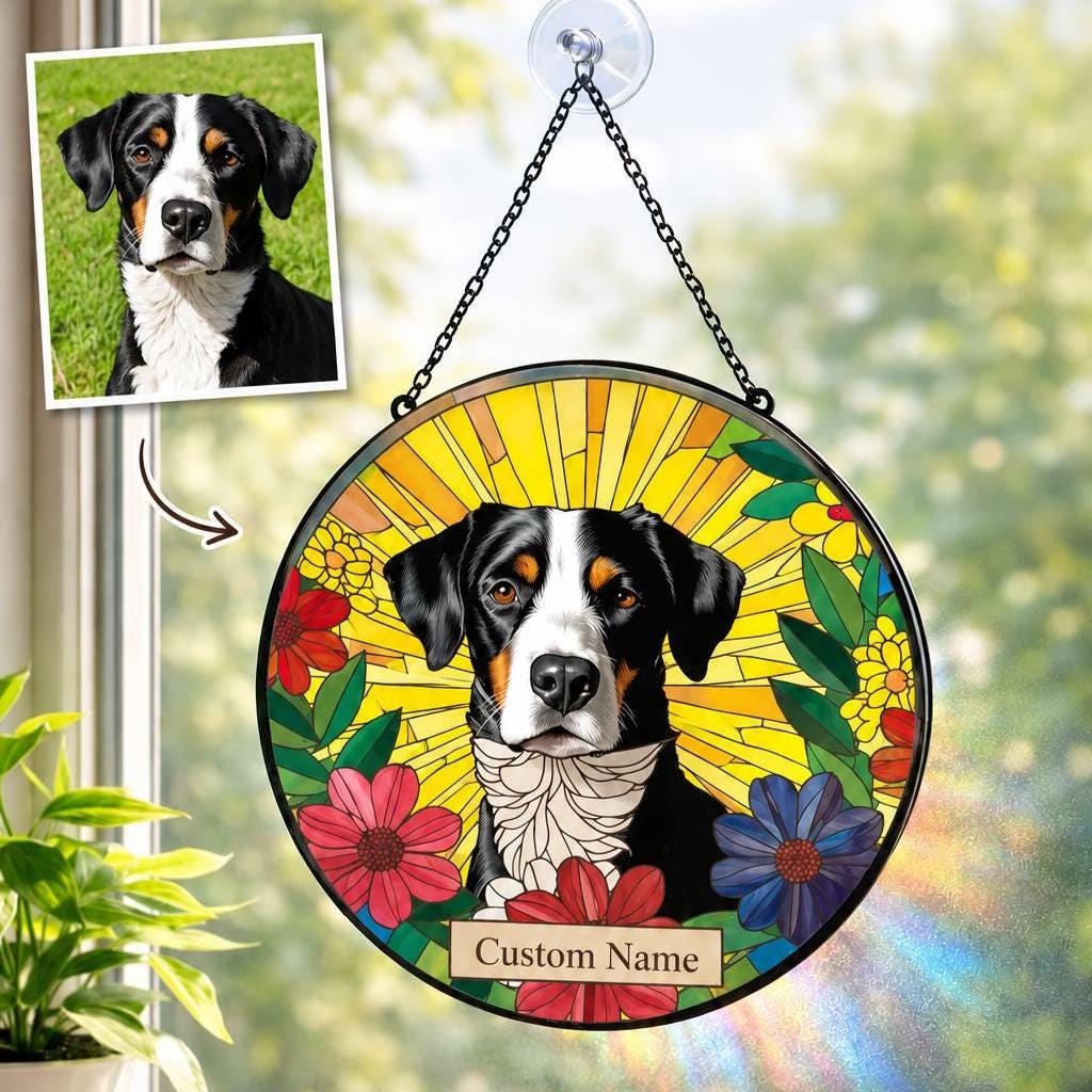 Custom Dog Portrait Stained Glass Suncatcher, Personalized Pet Photo Window Hanging, Dog Memorial Gift for - product image 1