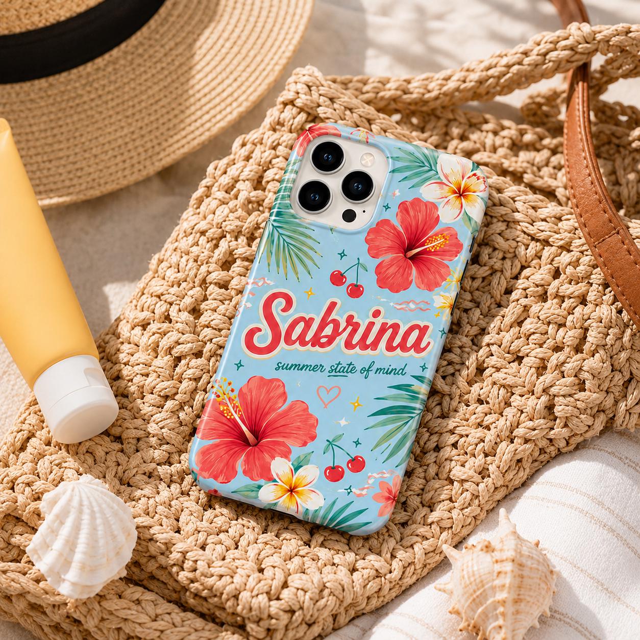 Personalized Tropical Flower Phone Case, Custom Name Summer Case, Hibiscus Floral Vacation Gift
