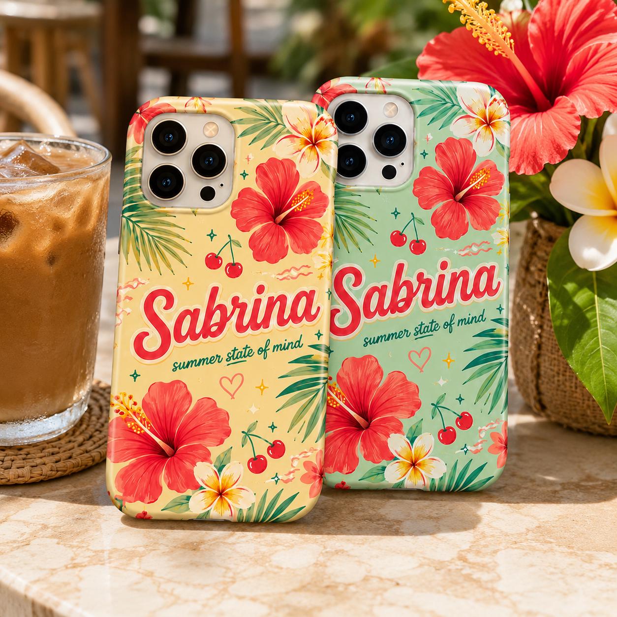 Personalized Tropical Flower Phone Case, Custom Name Summer Case, Hibiscus Floral Vacation Gift