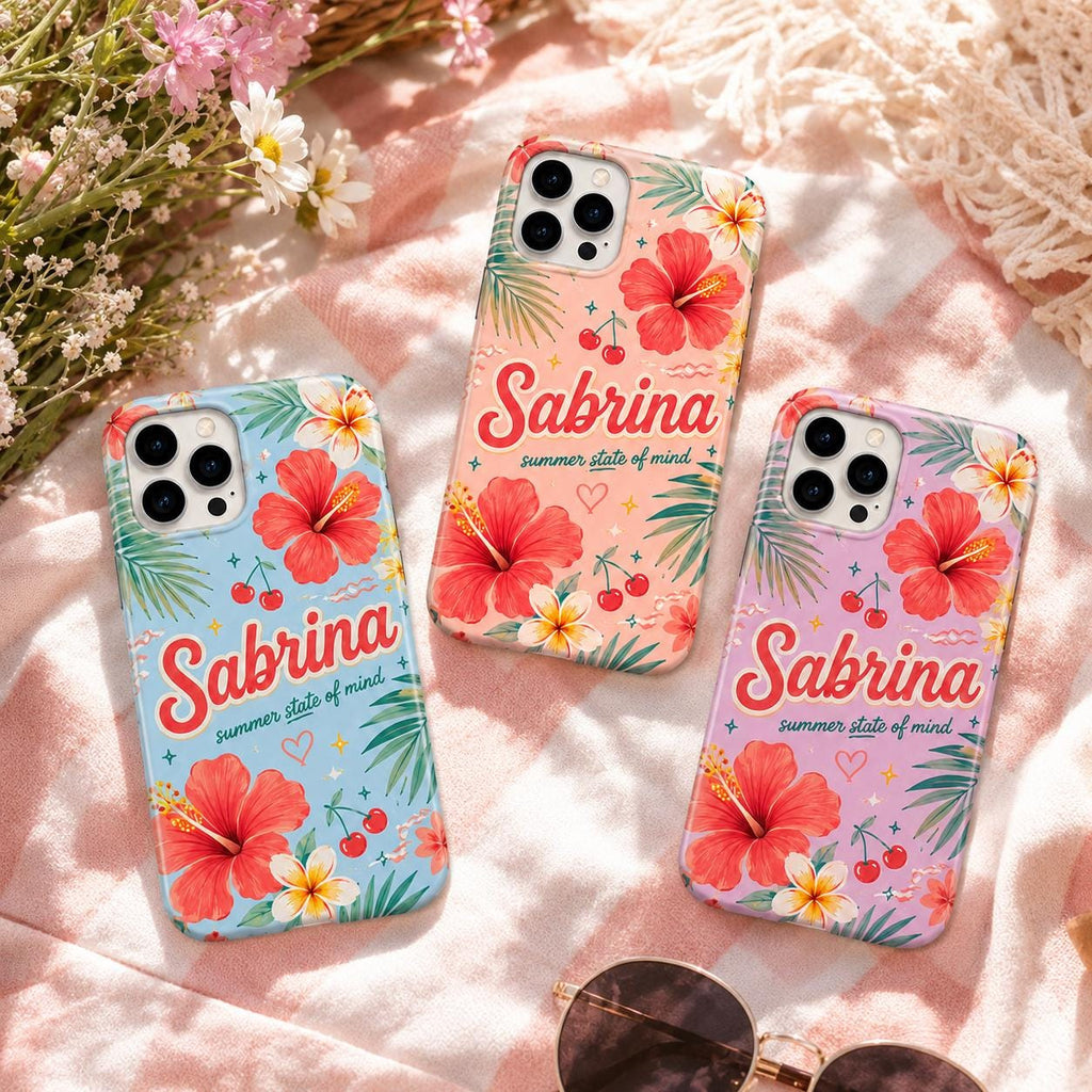 Personalized Tropical Flower Phone Case, Custom Name Summer Case, Hibiscus Floral Vacation Gift