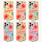 Personalized Tropical Flower Phone Case, Custom Name Summer Case, Hibiscus Floral Vacation Gift