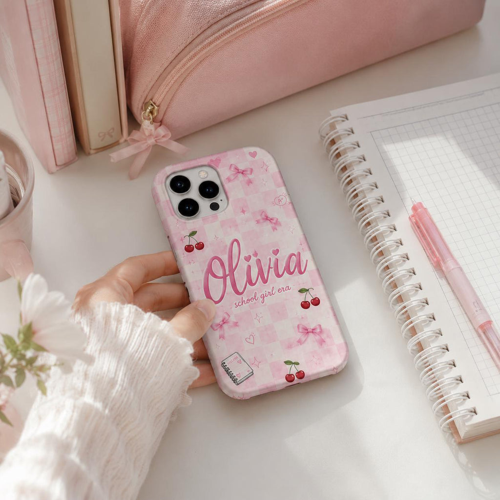 Personalized Name Phone Case, Pink Bow School Girl Era Design