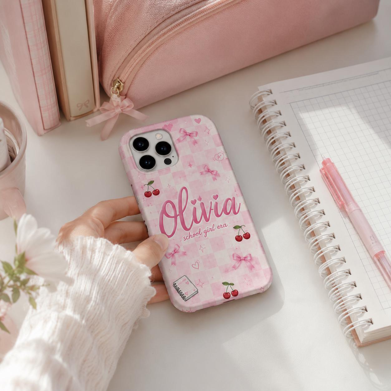 Personalized Name Phone Case, Pink Bow School Girl Era Design
