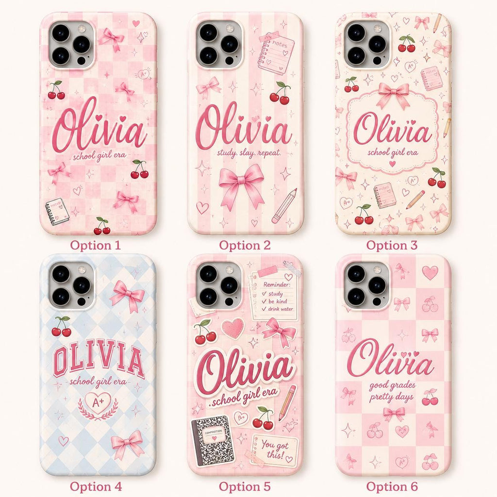 Personalized Name Phone Case, Pink Bow School Girl Era Design