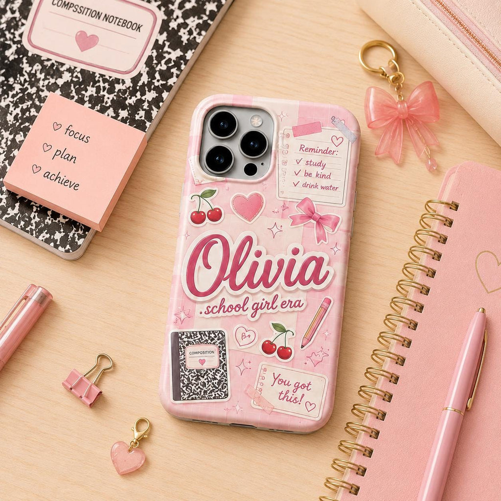 Personalized Name Phone Case, Pink Bow School Girl Era Design