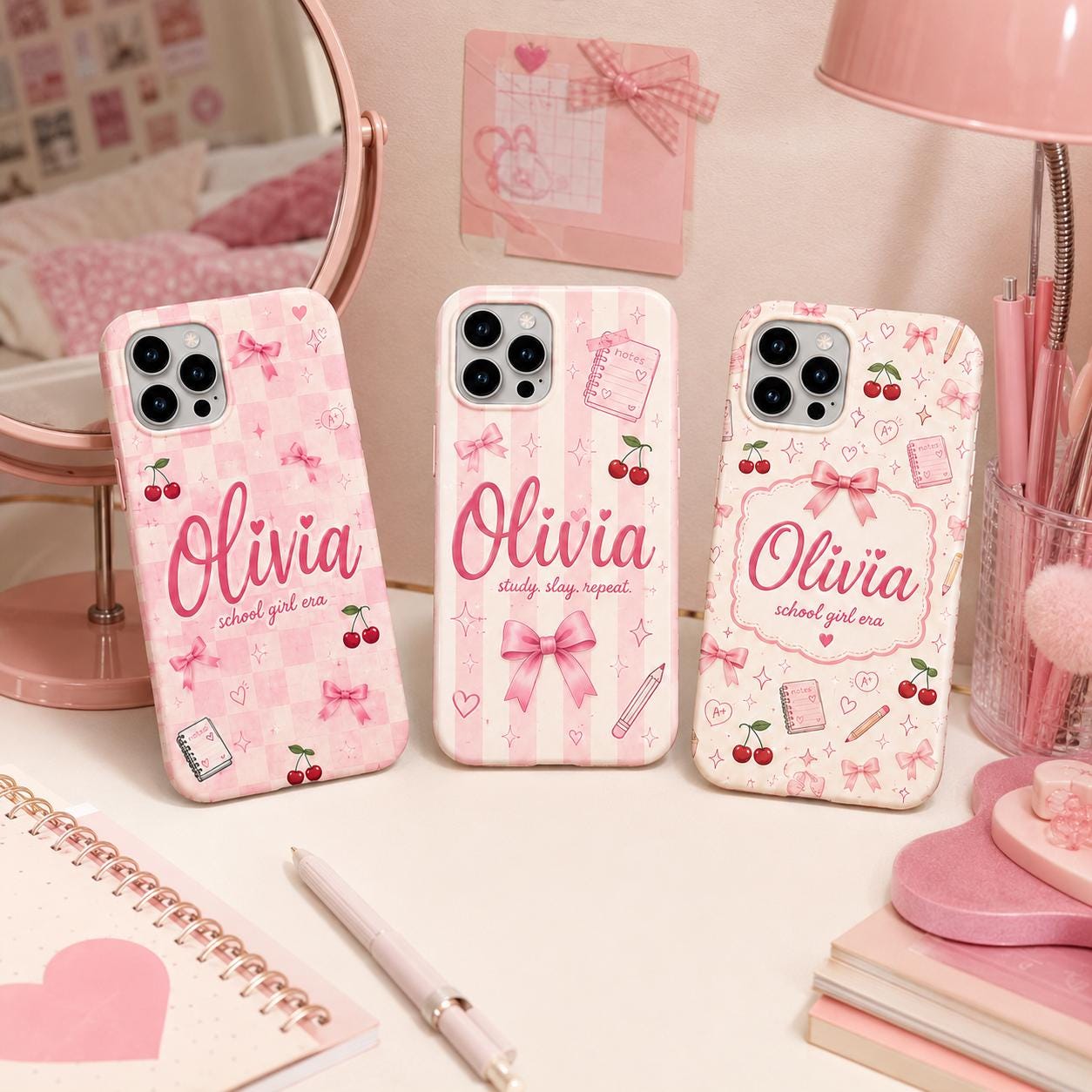 Personalized Name Phone Case, Pink Bow School Girl Era Design
